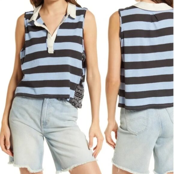 Free People Doin It Rugby Tank in Charcoal Blue Stripe Size S - Picture 1 of 11